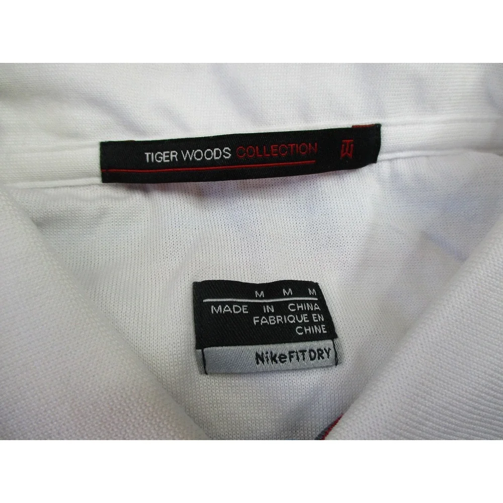 Nike Tiger Woods Polo Shirt Mens Medium White Striped Golf FitDry TW